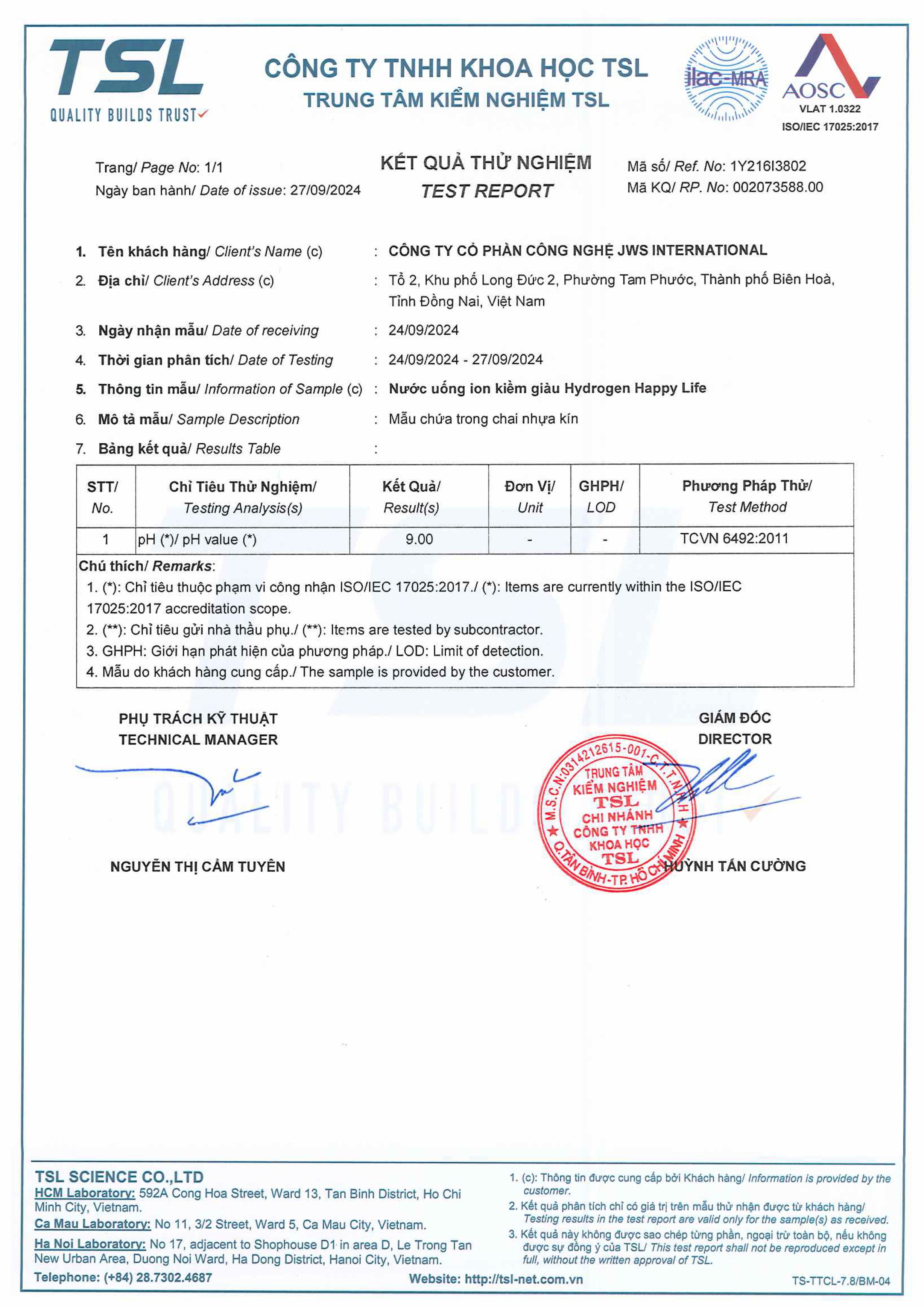Kết quả kiểm nghiệm 28 chỉ tiêu theo QCVN 6-1 BYT