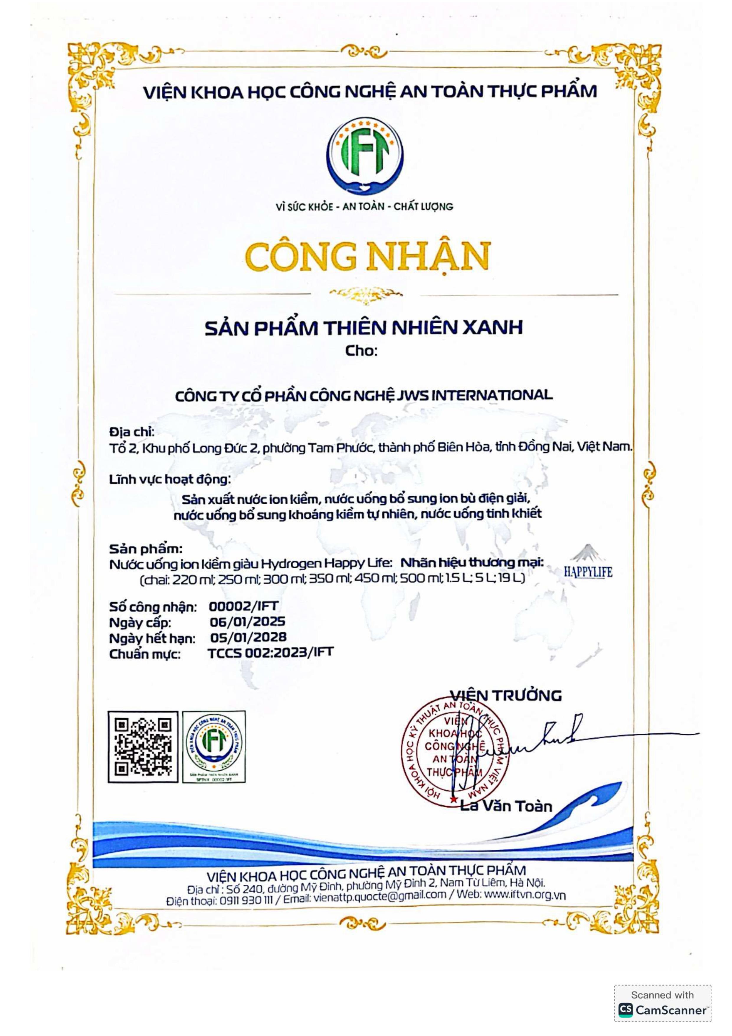 Viện Khoa Học Công Nghệ An Toàn Thực Phẩm Công nhận sản phẩm thiên nhiên xanh